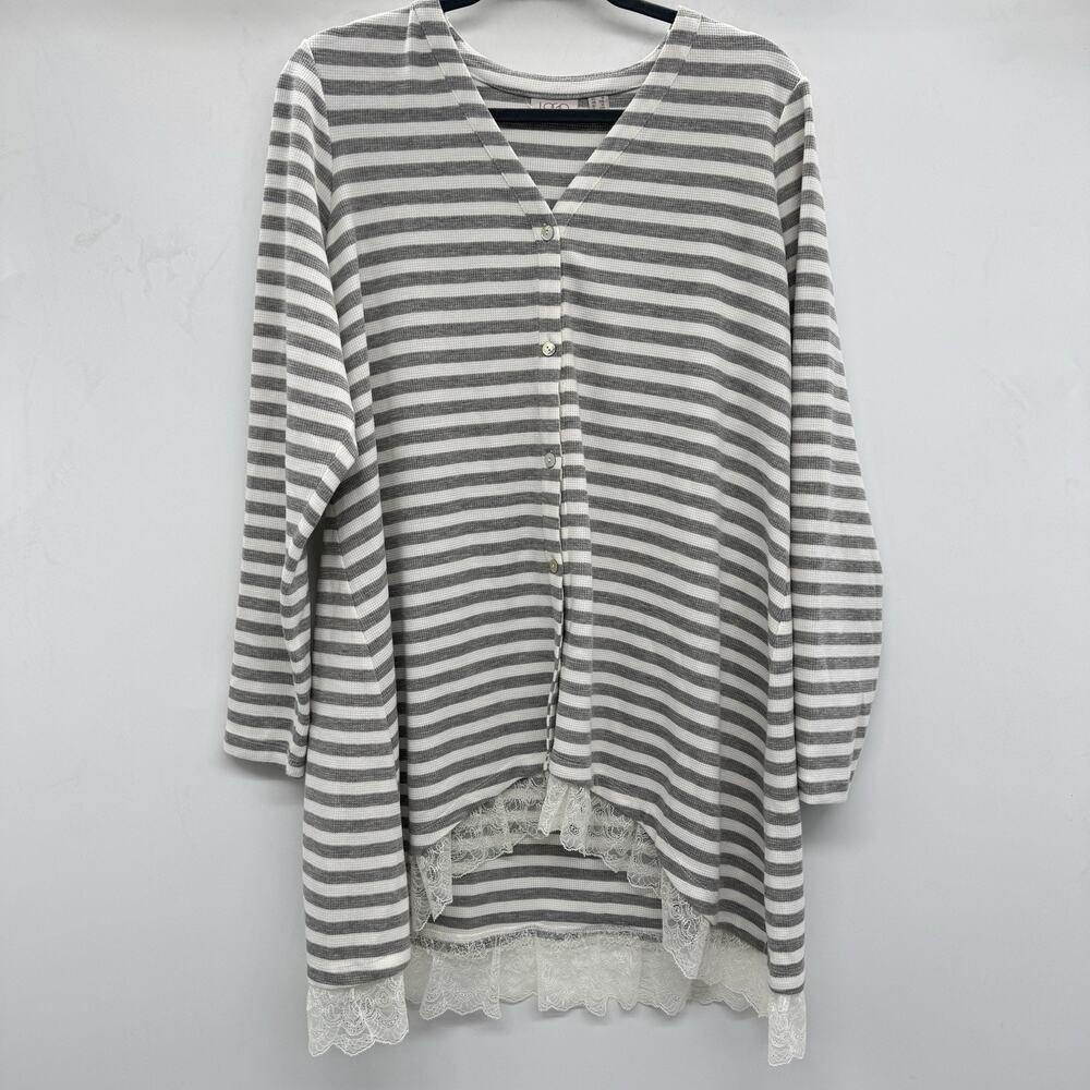 LOGO Lori Goldstein Waffle Knit Henley Tunic Size 1X Gray Stripe Lace Trim